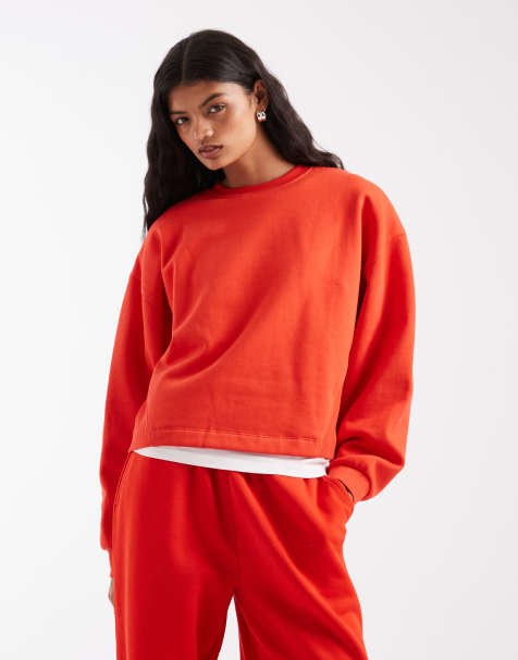 ASOS DESIGN relaxed boxy crop brushback sweat in tomato red - view 1
