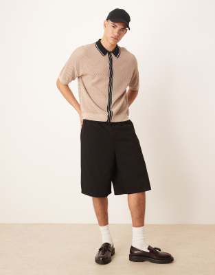 Asos Design Relaxed Boxy Fit Airtex Knit Button Up Polo With Contrast Collar In Neutral