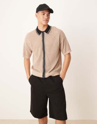 Asos Design Relaxed Boxy Fit Airtex Knit Button Up Polo With Contrast Collar In Neutral