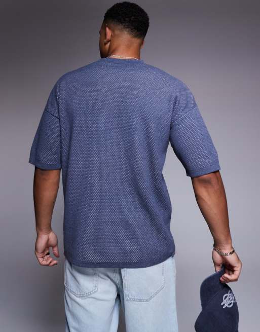 ASOS DESIGN relaxed boxy fit Airtex knit T-shirt with 90 graphic in navy, 2 of 4