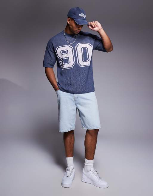 ASOS DESIGN relaxed boxy fit Airtex knit T-shirt with 90 graphic in navy, 4 of 4