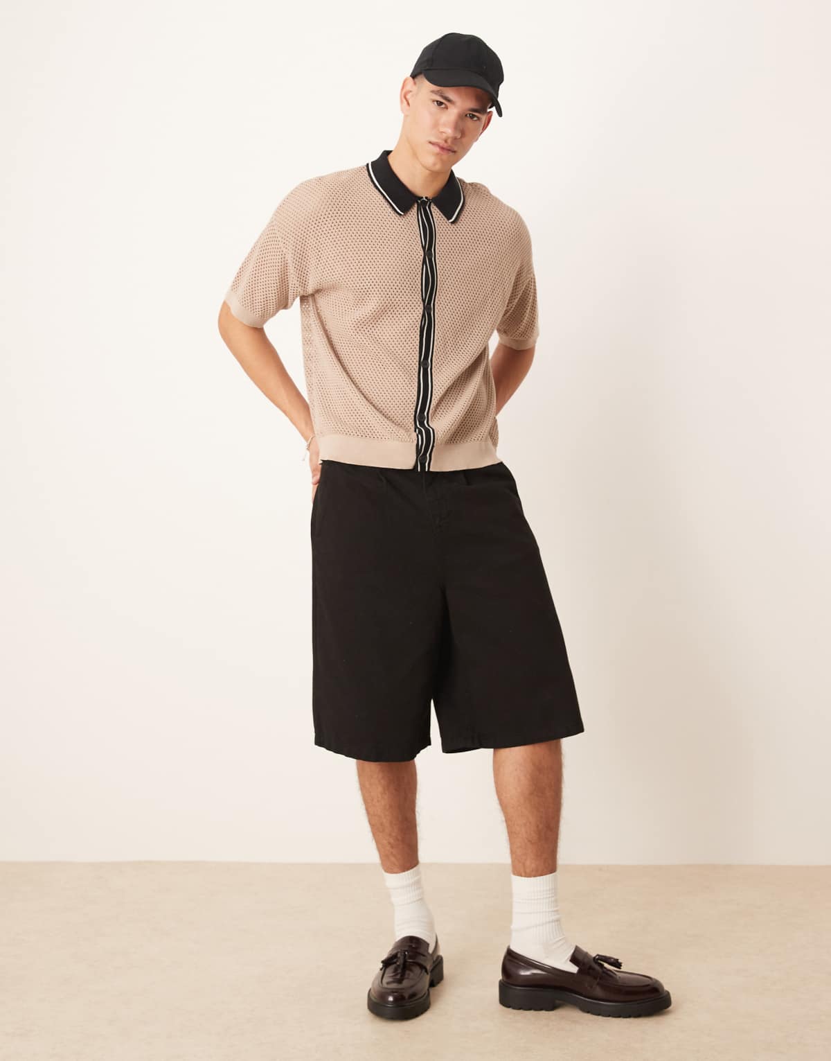 ASOS DESIGN relaxed boxy fit airtex knitted button through polo with contrast collar in stone