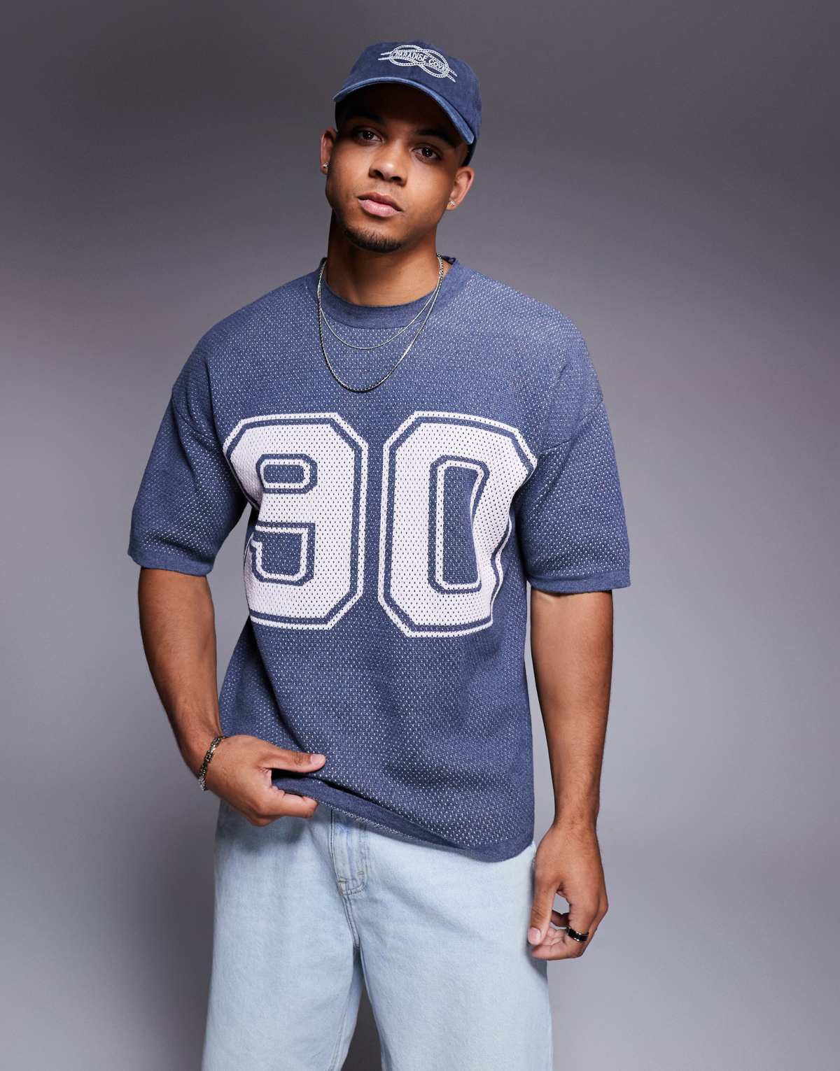 ASOS DESIGN relaxed boxy fit airtex knitted t-shirt with 90 graphic in navy
