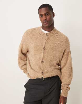 relaxed boxy fit boucle knit crew neck cardigan in beige-Neutral