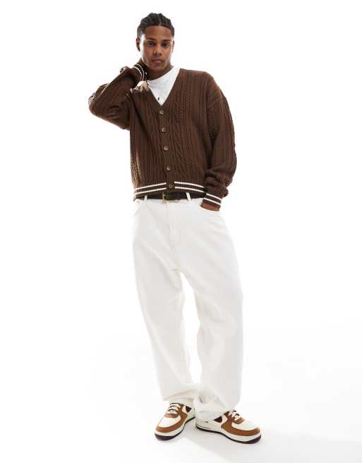 ASOS DESIGN relaxed boxy fit cable knit cardigan in brown with ecru tipping