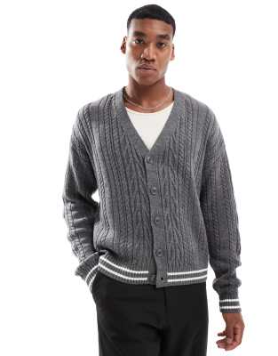 Asos Design Relaxed Boxy Fit Cable Knit Cardigan In Gray With Ecru Tipping