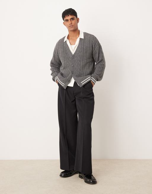 ASOS DESIGN relaxed boxy fit cable knit cardigan in gray with ecru tipping, 2 of 4