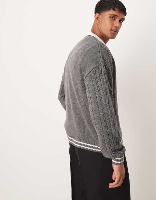 ASOS DESIGN relaxed boxy fit cable knit cardigan in grey with ecru tipping ASOS