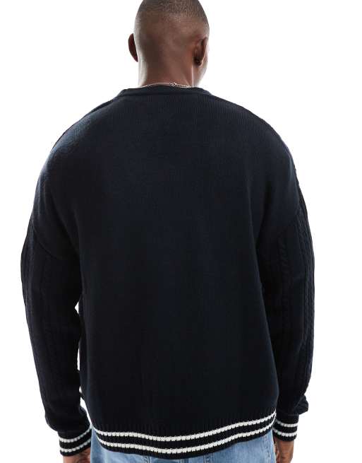 ASOS DESIGN relaxed boxy fit cable knitted cardigan in navy with ecru tipping, 4 of 4