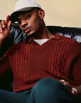 Asos Design Relaxed Boxy Fit Cable Knitted Notch Neck Polo In Green
