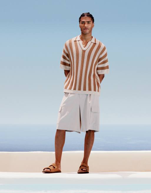 ASOS DESIGN relaxed boxy fit crochet knit notch neck polo shirt in beige stripes