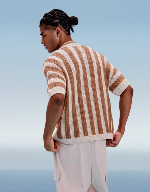 ASOS DESIGN relaxed boxy fit crochet knit notch neck polo shirt in beige stripes