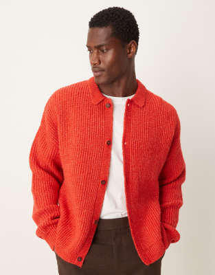 ASOS DESIGN relaxed boxy fit heavyweight knitted wool mix button through cardigan in red