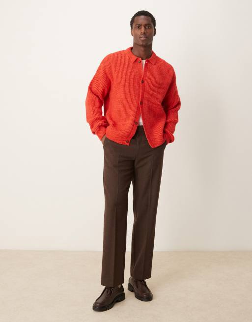 ASOS DESIGN relaxed boxy fit heavyweight knitted wool mix button through cardigan in red, 2 of 4