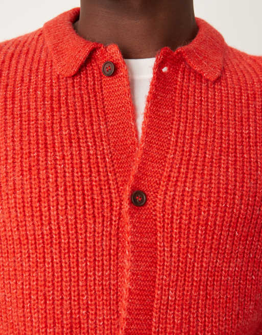 ASOS DESIGN relaxed boxy fit heavyweight knitted wool mix button through cardigan in red, 3 of 4