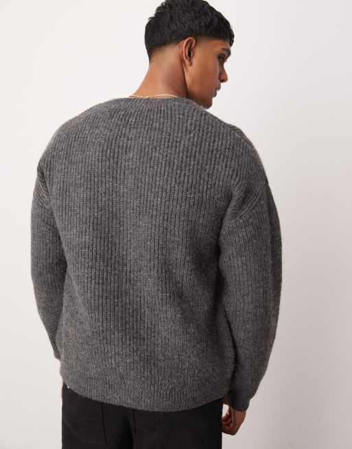 ASOS DESIGN relaxed boxy fit heavyweight knitted wool mix crew neck cardigan in gray, 3 of 4
