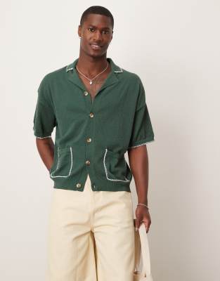 ASOS DESIGN relaxed boxy fit knit button down polo shirt with blanket stitch in dark green