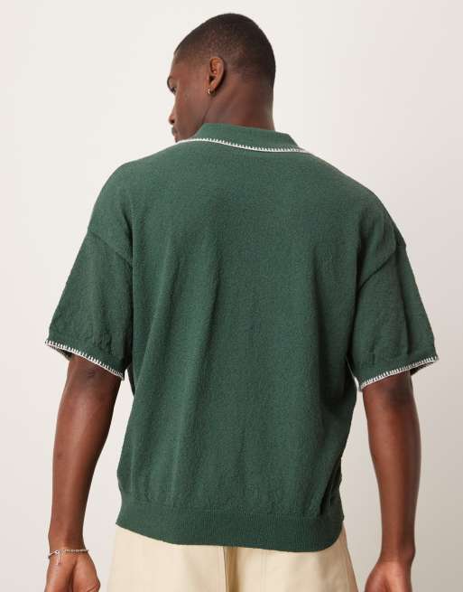ASOS DESIGN relaxed boxy fit knit button down polo shirt with blanket stitch in dark green, 3 of 4