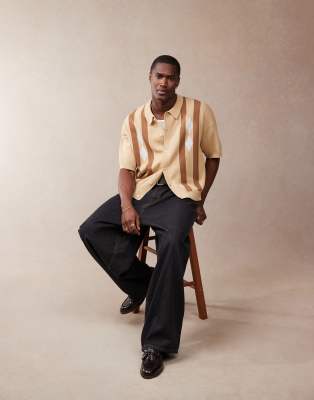 Asos Design Relaxed Boxy Fit Knit Button Through Polo With Argyle Pattern In Neutral