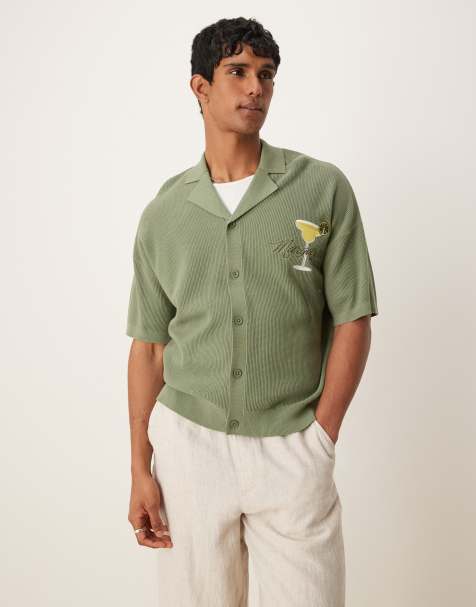ASOS DESIGN relaxed boxy fit knit button up camp collar polo shirt with margarita embroidery in sage green - view 1