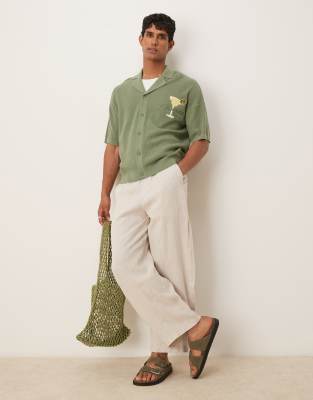 Asos Design Relaxed Boxy Fit Knit Button Up Camp Collar Polo Shirt With Margarita Embroidery In Green