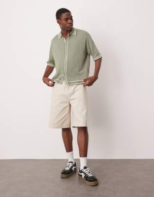 Asos Design Relaxed Boxy Fit Knit Button Up Polo Shirt In Green