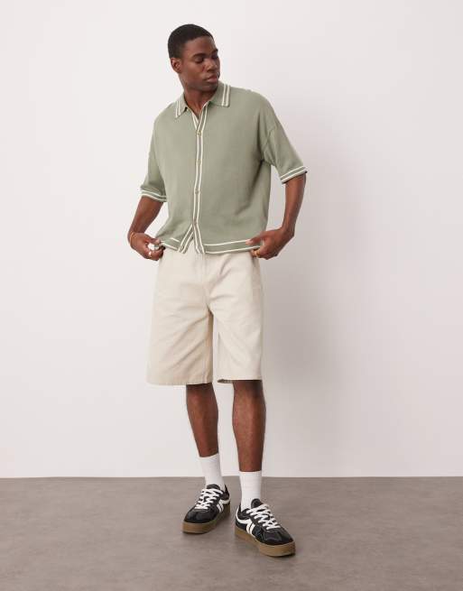 ASOS DESIGN relaxed boxy fit knit button up polo shirt in sage green with tipping detail