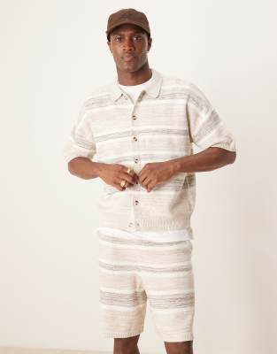 Asos Design Relaxed Boxy Fit Knit Button Up Polo Shirt With Space Dye Stripe In Neutral