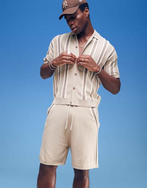 ASOS DESIGN relaxed boxy fit knit button up polo shirt with textured stripes in beige - part of a set - view 1