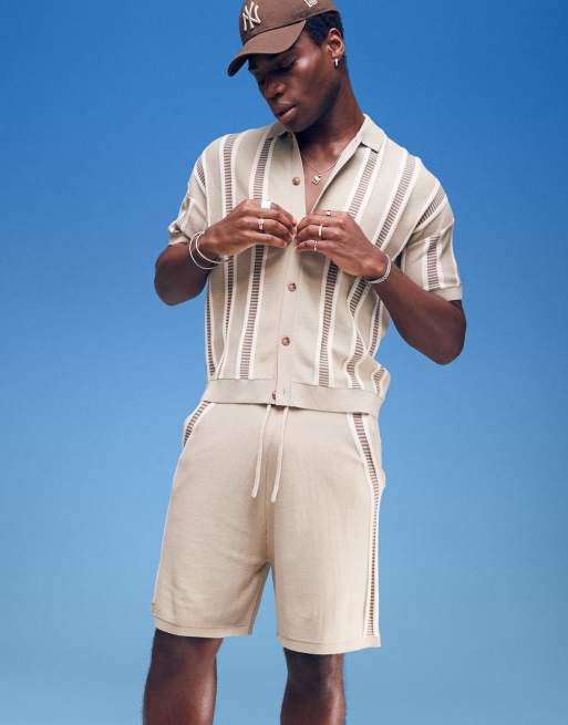 ASOS DESIGN relaxed boxy fit knit button up polo shirt with textured stripes in beige - part of a set