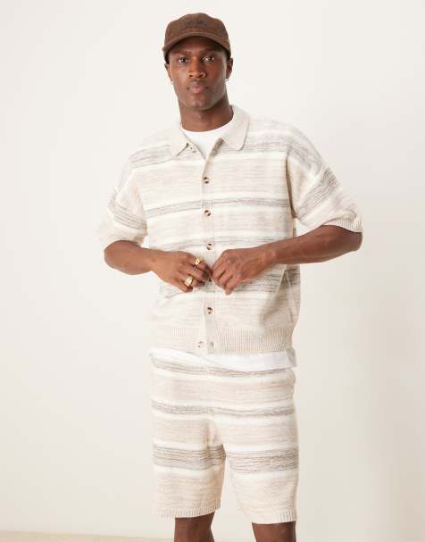 ASOS DESIGN relaxed boxy fit knit button up space dye polo in beige - part of a set - view 1