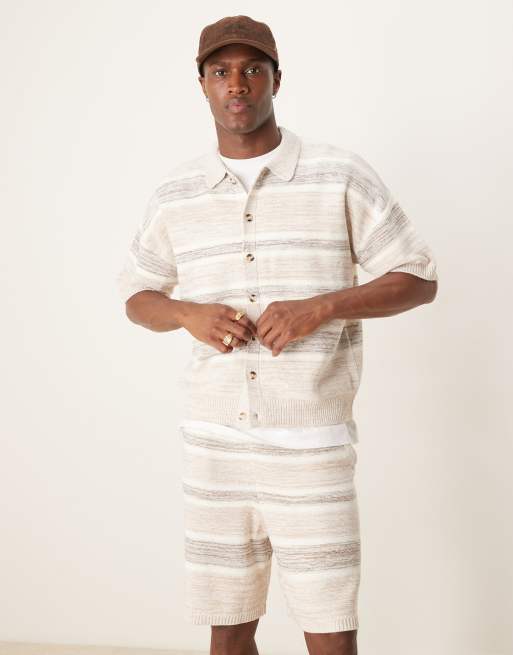 ASOS DESIGN relaxed boxy fit knit button up space dye polo in beige - part of a set