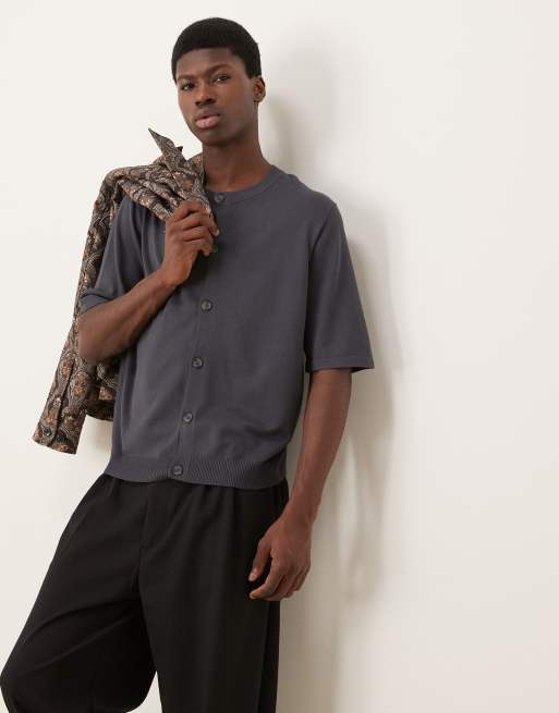  ASOS DESIGN relaxed boxy fit knit crew neck button through T-shirt in charcoal gray
