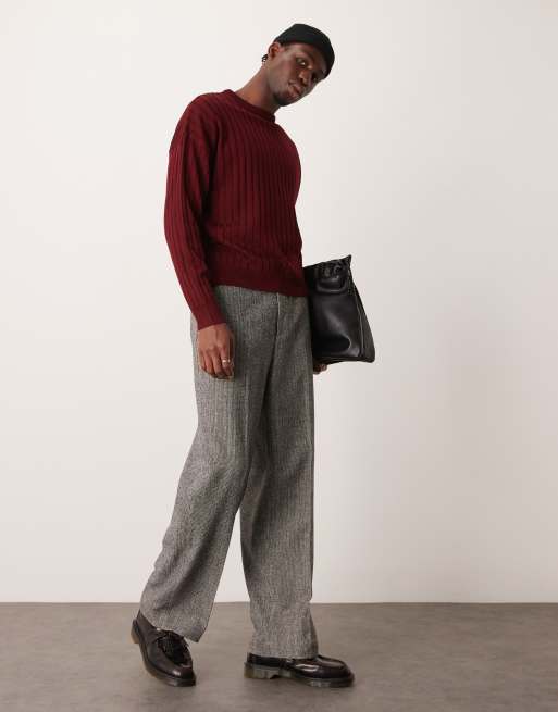 ASOS DESIGN relaxed boxy fit knit crew neck ribbed sweater in burgundy, 2 of 4