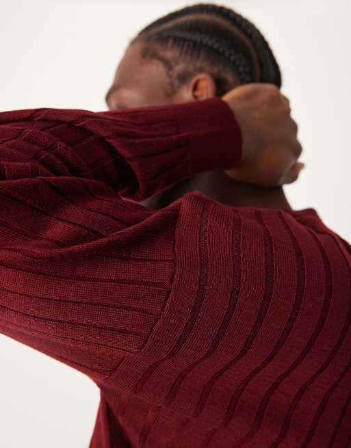 ASOS DESIGN relaxed boxy fit knit crew neck ribbed sweater in burgundy, 3 of 4