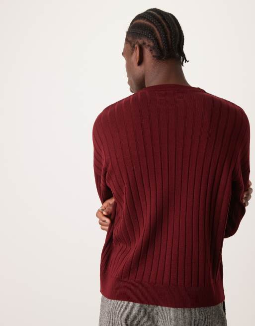 ASOS DESIGN relaxed boxy fit knit crew neck ribbed sweater in burgundy, 4 of 4