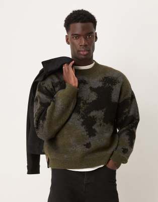 relaxed boxy fit knit crew neck sweater with pattern in black