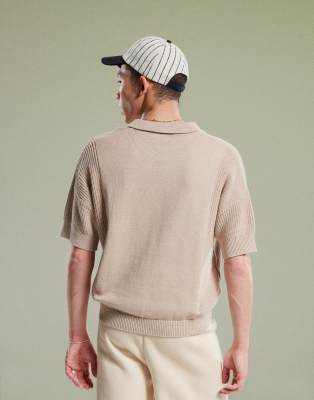 Asos Design Relaxed Polo With Revere Neck In Hummus-neutral In Neutral