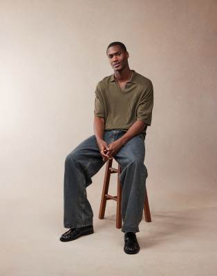 Asos Design Relaxed Boxy Fit Knit Notch Neck Polo With Pointelle Pattern In Green