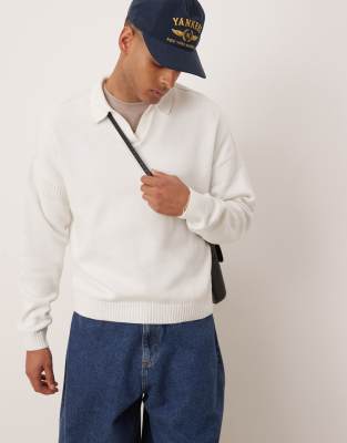 Asos Design Relaxed Boxy Fit Knit Notch Neck Sweater In Off-white-neutral
