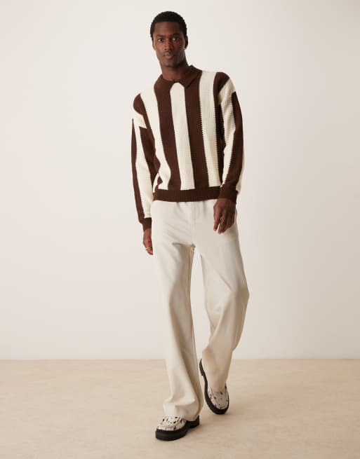ASOS DESIGN relaxed boxy fit knit polo sweater in brown stripe