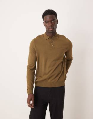 relaxed boxy fit knit polo sweater with chest pocket in khaki-Green