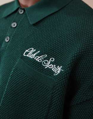 Asos Design Relaxed Boxy Fit Knit Polo With Chest Pocket And Embroidery Text In Brown