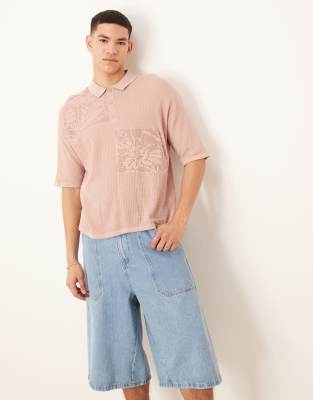 Asos Design Relaxed Boxy Fit Knit Polo With Floral Patchwork Pattern In Pink
