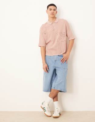 Asos Design Relaxed Boxy Fit Knit Polo With Floral Patchwork Pattern In Pink