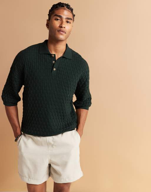 ASOS DESIGN relaxed boxy fit knitted 3/4 sleeve textured polo in dark green