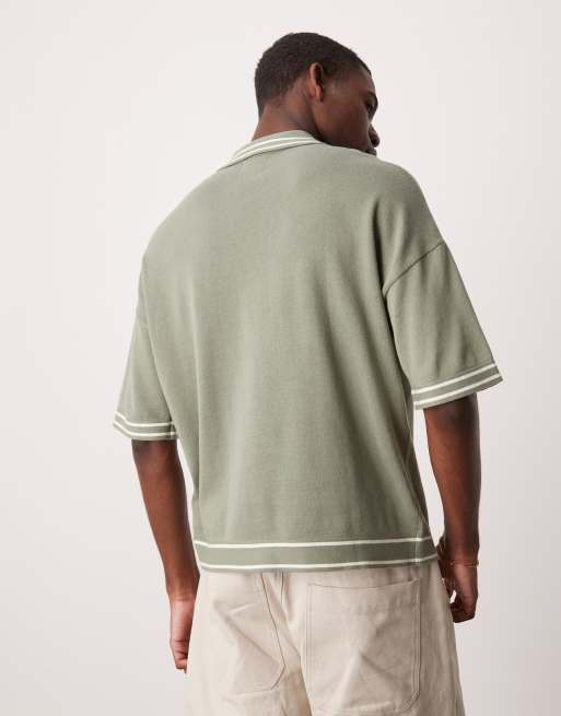 ASOS DESIGN relaxed boxy fit knitted button through polo in sage green with tipping detail, 3 of 4