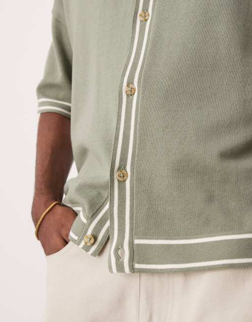 ASOS DESIGN relaxed boxy fit knitted button through polo in sage green with tipping detail, 4 of 4