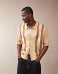 [ASOS DESIGN] ASOS DESIGN relaxed boxy fit knitted button through polo with argyle pattern in beige-Neutral S BEIGE