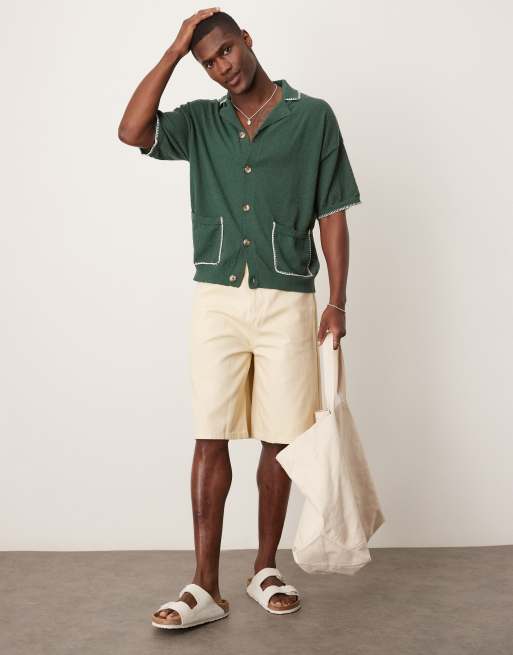 ASOS DESIGN relaxed boxy fit knitted button-through polo with blanket stitch in dark green, 2 of 4